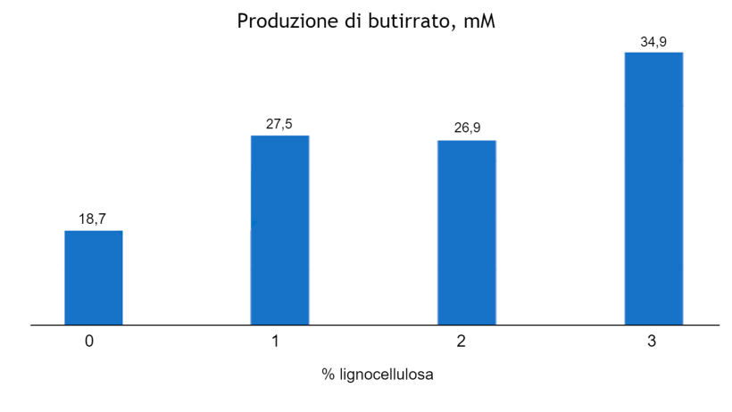 Figura 1. Effetto dose-dipendente dell'inclusione di lignocellulosa sulla produzione di butirrato (mM) nei suinetti svezzati a 63 giorni di vita (adattato da Silva-Guillen et al., 2022) P=0,001 SEM= 1,810
