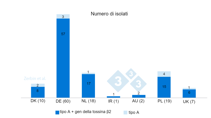 Figura 4. Numero e percentuale di isolati di C. perfringens con e senza il gene della tossina &szlig;2 su un totale di 117 isolati per paese di origine. Numero di isolati per paese tra parentesi.

