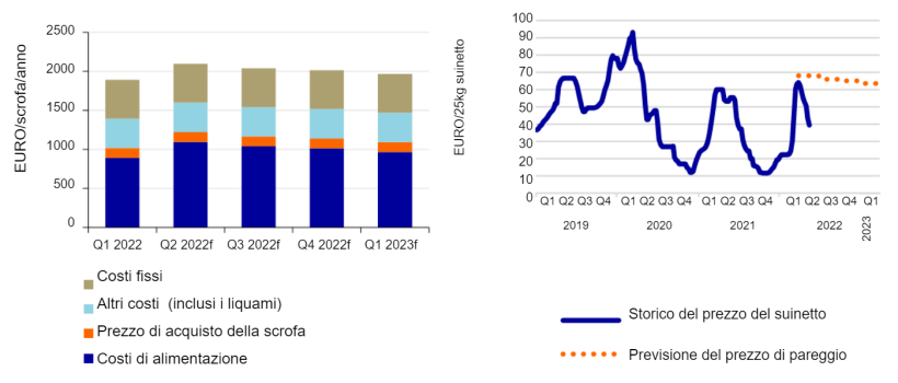 Sinistra: I costi di produzione negli allevamenti di scrofe aumenteranno dell'11% nel 2° trimestre rispetto al 1° trimestre del 2022. Fonte: KWIN, InterPIG, Commissione Europea, Agrimatie, Rabobank 2022.
Destra: Previsione dei prezzi di pareggio dei suinetti. Fonte: Commissione Europea, Rabobank 2022.