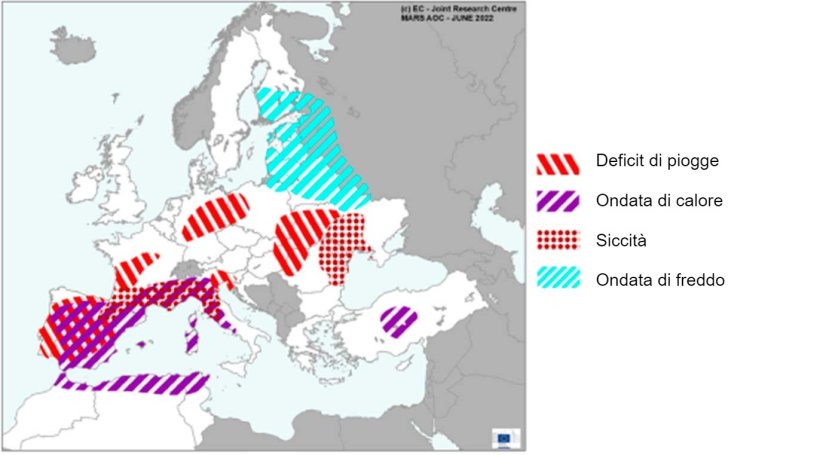 Mappa 1. Eventi meteorologici estremi in Europa dal 1° maggio al 17 giugno 2022 (fonte: MARS Bulletin 20/06/2022)