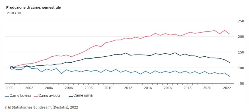 Produzione commerciale di carne, semestrale. Fonte: Destatis.
