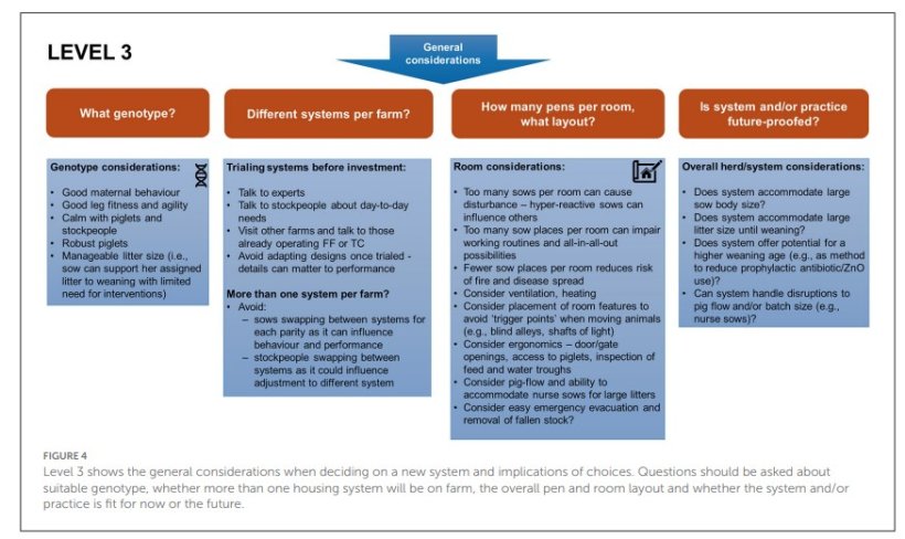 Il livello 3 decisionali fa le considerazioni generali di un nuovo sistema e le conseguenze delle scelte. Si dovrebbe chiedere del genotipo pi&ugrave; adatto, se necessario differenziare i modelli nello stesso allevamento, il layout del box e se il sistema &egrave; idoneo al momento e anche nel futuro
