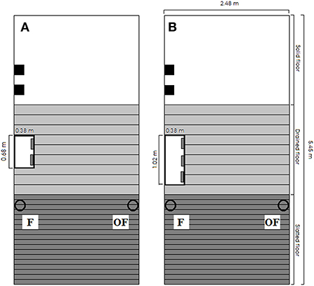 Figura 1. Disegno delle dimensioni e del design del boxc per (A) box con una densità di 1,21 m2/suino (11 suini) e (B) box con una densità di 0,73 m2/suino (18 suini). Il rettangolo bianco rappresenta l'alimentatore e i quadrati neri solidi rappresentano due travi di legno in rack verticali separati. I cerchi neri rappresentano le tazze e tutti box includevano una tazza sullo stesso lato della mangiatoia (F) e una tazza sul lato opposto all'alimentatore (OF). Tutti box avevano le stesse dimensioni.