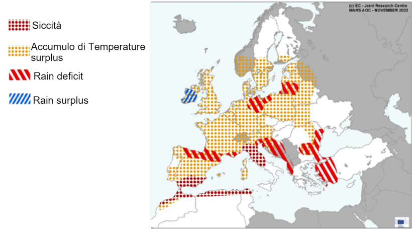 Mappa 1. Eventi meteorologici estremi in Europa dal 1 ottobre al 18 novembre 2022. Fonte: MARS Butlletin 21/11/2022.