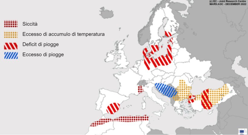 Mappa 1. Eventi climatici estremi in Europa dal 1° novembre al 15 dicembre 2022 (fonte: MARS Butlletin 19/12/2022)