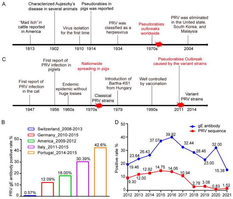 Figura 1 La prevalenza della pseudorabbia in tutto il mondo: (A) storia epidemica di PRV in tutto il mondo. La forma rossa dell'esplosione rappresenta focolai di pseudorabbia. (B) La sorveglianza segnalata dell'infezione da PRV nei cinghiali, come illustrato dal tasso di positivit&agrave; dell'anticorpo PRV gE. (C) Storia dell'epidemia di PRV in Cina. La forma rossa dell'esplosione rappresenta focolai di pseudorabbia. (D) Il tasso di positivit&agrave; dell'anticorpo PRV gE e delle sequenze nucleotidiche PRV gE rilevate in campioni nazionali in Cina dal 2012 al 2019.