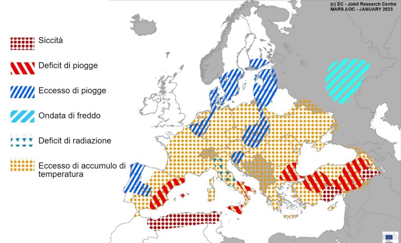 Mappa 1. Eventi meteorologici estremi in Europa dal 1° dicembre 2022 al 20 gennaio 2023 (fonte: MARS Butlletin 23/01/2023).