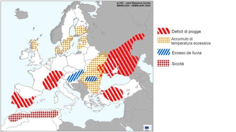 Mappa 1. Eventi meteorologici estremi in Europa dal 1 gennaio al 17 febbraio 2023 (Fonte: MARS Butlletin 20/02/2023).