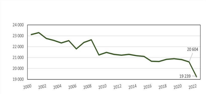 Evoluci&oacute;n de la producci&oacute;n francesa de piensos para animales desde el a&ntilde;o 2000 en miles de toneladas. Fuente: SSP/SNIA/CdF NA.
