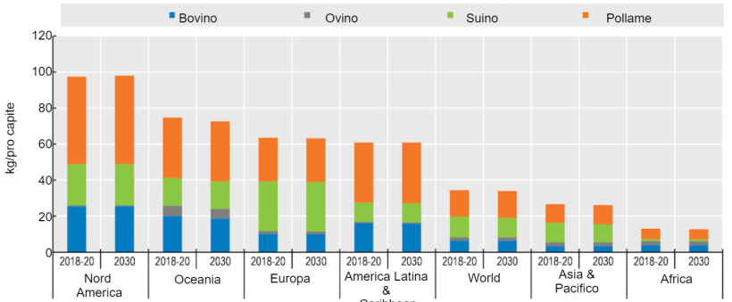 Consumo di carne pro capite (espresso in peso al dettaglio) e passaggio dal manzo al pollame. Fonte: OECD/FAO (2021), "OECD-FAO Agricultural Outlook", OECD Agricultural statistics (database), http://dx.doi.org/10.1787/agr-outl-data-en.