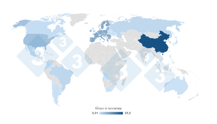 Mappa 1. Concentrazione della produzione mondiale di carne suina stimata per il 2023. Preparata dal Dipartimento di Economia e Market Intelligence con i dati del Dipartimento dell'Agricoltura degli Stati Uniti (USDA).