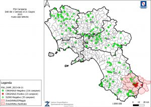 Situazione della Regione con indicazioni delle analisi, positivit&agrave; e zona infetta.
