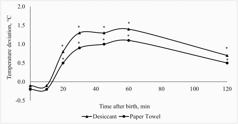 Figura 1.Deviazione della temperatura rettale dei suinetti tra i trattamenti asciuganti (asciugante o tovagliolo di carta) e quelli non asciuganti (controllo) nelle prime 2 ore dopo la nascita. *Deviazione rispetto al trattamento di controllo diversa da 0, a P ≤ 0,05.