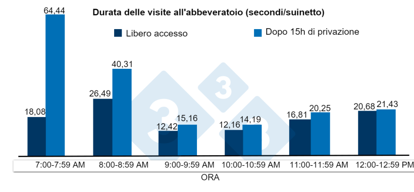 Figura 2.&nbsp;Durata delle visite all'abbeveratoio (secondi) per suinetto dopo 15 ore di privazione o libero accesso all'acqua.
