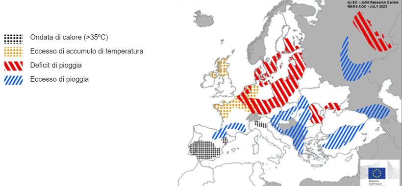 Mappa 1. Eventi meteorologici estremi in Europa dal 1° giugno al 16 luglio 2023 (fonte: MARS Butlletin 24/07/2023).