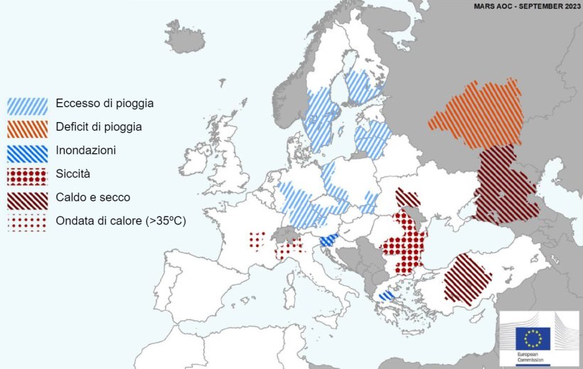 Mappa 1. Eventi climatici estremi in Europa dal 1 agosto al 10 settembre 2023 (fonte: MARS Bulletin 18/09/2023).