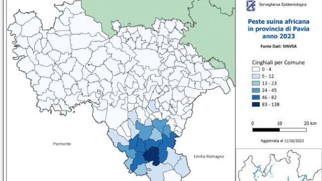 Sorveglianza PSA: rappresentazione grafica a livello comunale
dei cinghiali abbattuti e trovati morti
in provincia di Pavia (Dati SINVSA)