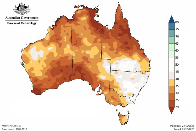 Mappa 2. Possibili deviazioni dalle precipitazioni medie nel novembre 2023 in Australia. Fonte: Bureau of Meteorology. Australian Government.