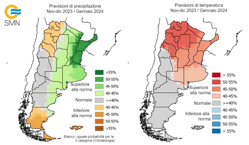 Mappa 3. Previsioni climatiche trimestrali in Argentina per novembre 2023-gennaio 2024. Fonte: Servizio Meteorologico Nazionale dell'Argentina