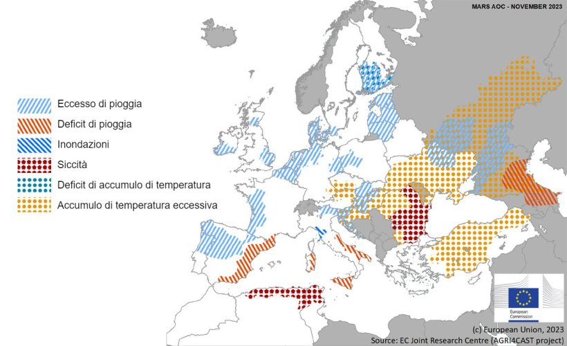 Mappa 1. Eventi climatici estremi in Europa dal 1&deg; ottobre al 18 novembre 2023 (fonte: MARS Bulletin 27/11/2023).

