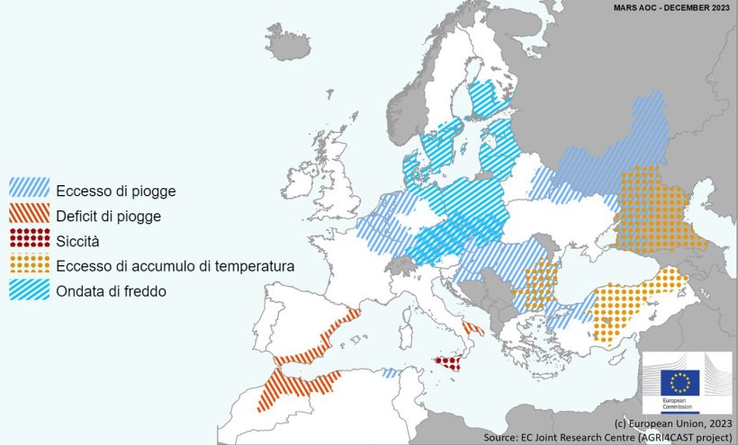 Mappa 1. Eventi climatici estremi in Europa dal 1° novembre al 10 dicembre 2023 (fonte: MARS Bulletin 18/12/2023).