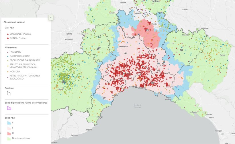 La cartina del Nord Italia pubblicata dal Bollettino Epidemiologico Nazionale evidenzia in colore rosso i positivi: triangolo rappresenta i cinghiali e il circolo i suini. 