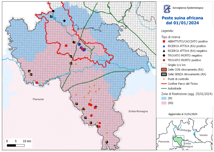 Figura rappresentativa delle azioni di sorveglianza alla Peste Suina Africana dal 1° gennaio 2024.