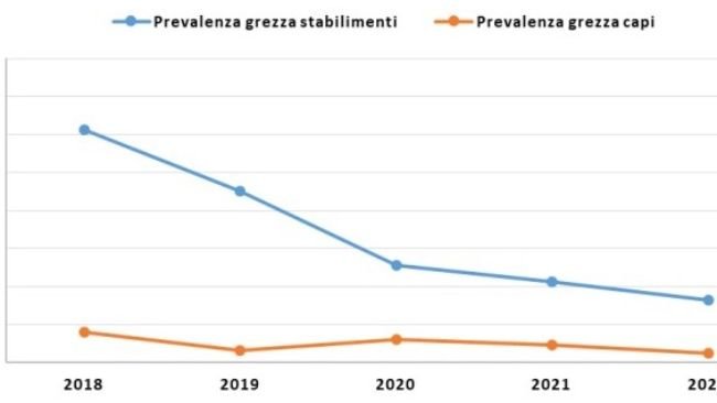 Figura 1. Prevalenza grezza di stabilimenti e capi positivi per malattia di Aujeszky nella Regione Umbria dal 2018 al 2022.