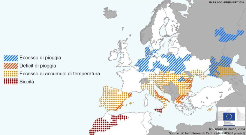 Mappa 1. Eventi climatici estremi in Europa dal 1 gennaio 2024 al 18 febbraio 2024 (fonte: MARS Bulletin 26/02/2024).