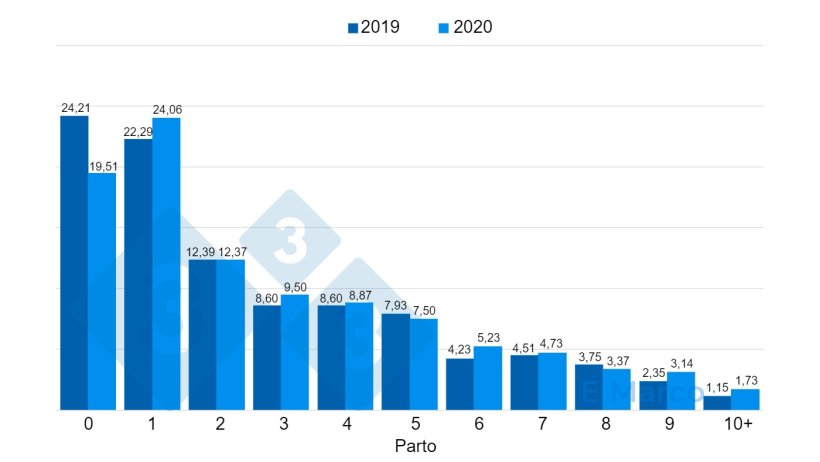 Figura 1. Mortalità al parto (%) in un allevamento dove esiste un problema di mortalità nelle giovani scrofe dovuto a problemi di zoppie.