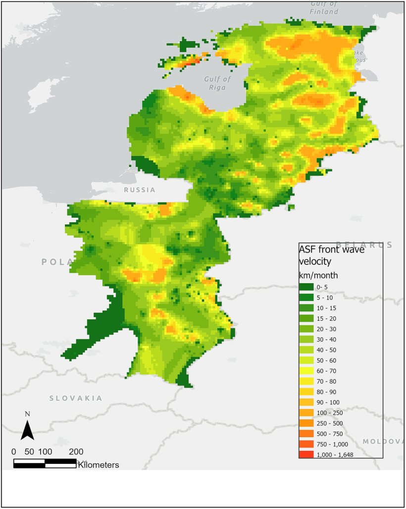 Figura 3. Velocit&agrave; prevista dell'onda anteriore della PSA nei cinghiali (km/mese) durante il periodo da gennaio 2014 a gennaio 2022. I colori verdi rappresentano una velocit&agrave; inferiore, mentre i colori rossi rappresentano una velocit&agrave; maggiore della velocit&agrave; prevista dell'onda anteriore della PSA nei cinghiali.
