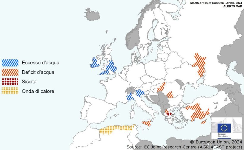 Mappa 1. Eventi climatici estremi in Europa dal 1 marzo 2024 al 13 aprile 2024 (fonte: MARS Bulletin 22/04/2024).
