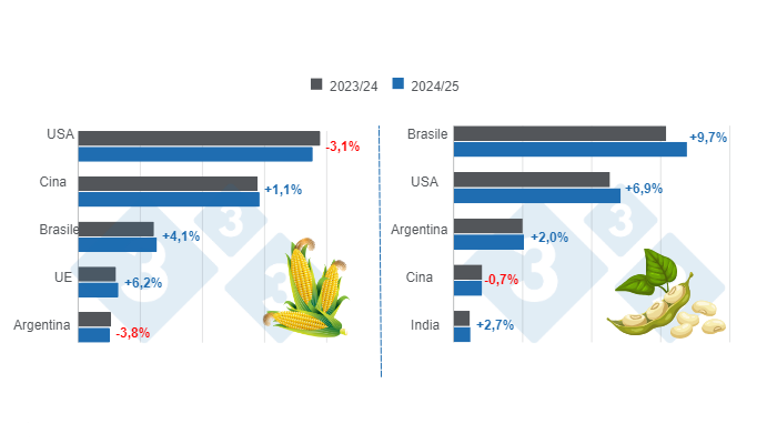 Grafico 1. Proiezione del raccolto per i principali produttori mondiali di mais e soia - Campagna 2024/25 rispetto al ciclo 2023/24. Preparato dal Dipartimento di Economia e Market Intelligence con dati FAS &ndash; USDA.
