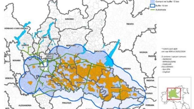 Aree ad elevata densità suinicola (in arancione) con buffer di 15 Km