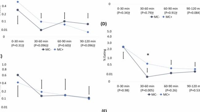 Fig. 1. Effetto del contatto materno (MC) sul comportamento nelle due ore successive allo svezzamento, come :giocco (A), aggressività (B),attività sociale (C), mangiare (D), bere (E), attivo (F) e inattivo (G). I comportamenti sono presentati come percentuale del comportamento mostrato in vista. I dati sono stati sottoposti a trasformazione angolare prima dell'analisi e sono presentati su una scala angolare con diversi valori dell'asse e per comportamenti diversi. Le deviazione standard indicano l'errore standard della differenza sulla scala angolare. Il * indica P