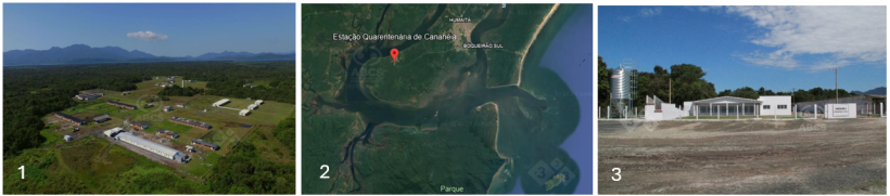 Immagine 1. Vista panoramica della Stazione di Quarantena di Canan&eacute;ia. Immagine 2: Posizione satellitare della Stazione di Quarantena di Canan&eacute;ia. Immagine 3: Ingresso alla Stazione di Quarantena di Canan&eacute;ia. Fonte: ABCS.
