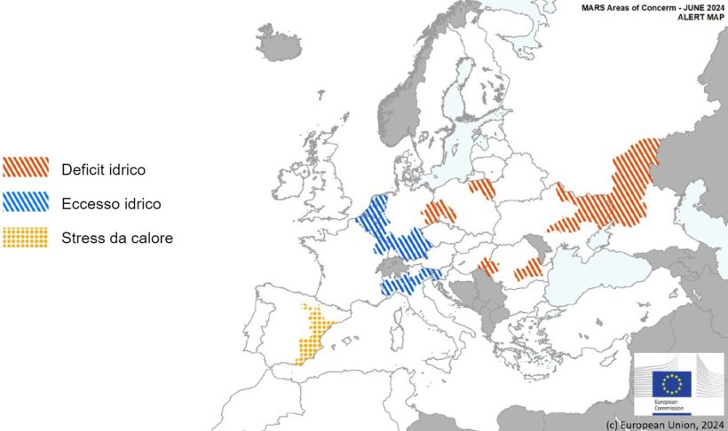 Mappa 1. Eventi climatici estremi in Europa dal 1&deg; maggio 2024 al 15 giugno 2024 (fonte: MARS Bulletin 24/06/2024).
