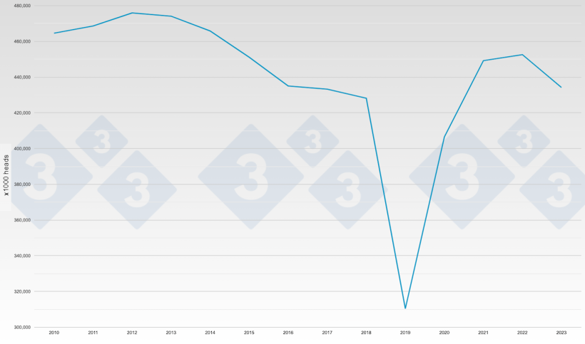 Figura 2. Censimento annuale dei suini in Cina - Totale suini. Fonte: 333.