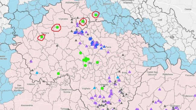 Le palline verdi sono i casi nei suini, quelle evidenziate con un circolo rosso sono gli ultimi 6 casi confermati nel mese di luglio 2024
