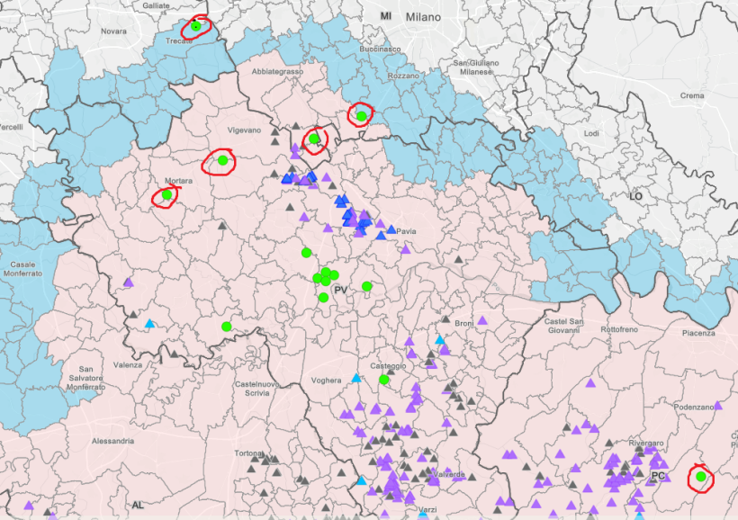 Le palline verdi sono i casi nei suini, quelle evidenziate con un circolo rosso sono gli ultimi 6 casi confermati nel mese di luglio 2024
