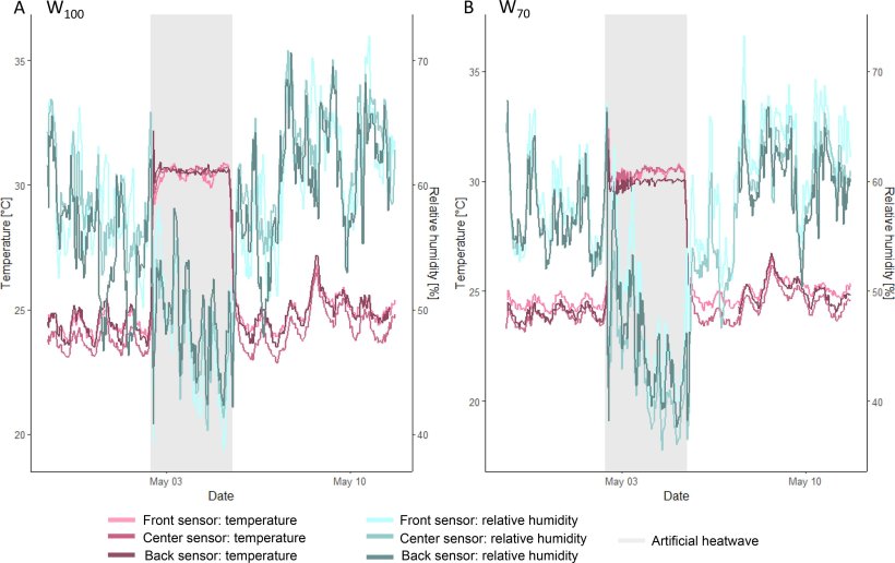 Fig. 2. Temperatura ambiente e umidit&agrave; relativa dei sensori anteriore, centrale e posteriore con un intervallo di dieci minuti durante la prova nel compartimento di A) W100 (quaranta suini da ingrasso di 20 settimane di 96,5 &plusmn; 7,3 kg) e B) W70 (quaranta suini da ingrasso di 17 settimane di 72,7 &plusmn; 9,9 kg) (esperimento 1).