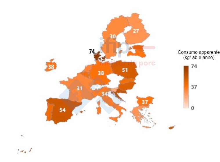 Consumo apparente di carne suina nel 2023 nell'UE-27 Fonte: Elaborazione Ifip a partire da dati JRC.