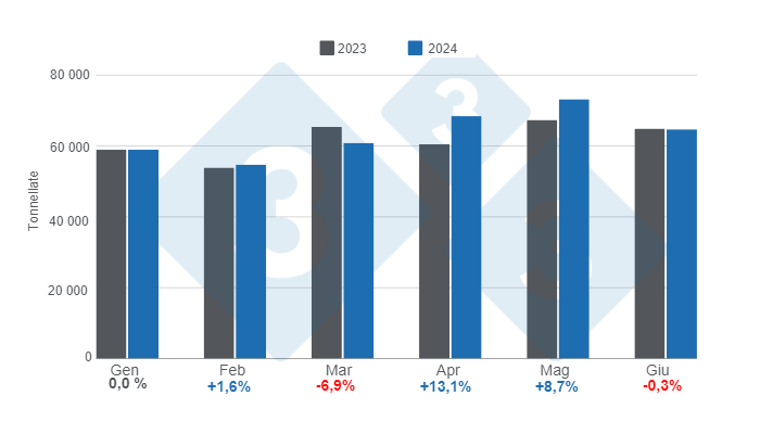 Grafico 1. Produzione mensile di carne suina nel periodo gennaio &ndash; giugno, variazioni annuali. Preparato dal Dipartimento di Economia e Market Intelligence di 333 America Latina con i dati del Segretariato dell'Agricoltura, dell'Allevamento e della Pesca del Ministero dell'Economia dell'Argentina.
