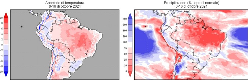 Previsioni climatiche nell'emisfero sud (fonte: Grads/Cola). Temperatura normale basata sulle registrazioni&nbsp;CRU tra il 1901 e il 2000. Precipitazioni normali derivate da Xie-Arkin (CMAP) tra il 1979 e il 2003.
