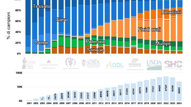 Figura 1. Numero di casi e ripartizione percentuale dei campioni testati per PRRSV mediante RT-PCR nel tempo negli Stati Uniti (2001-2024). Immagine tratta dal sito web del Swine Disease Reporting System (SDRS), https://fieldepi.org/domestic-swine-disease-monitoring-program/
