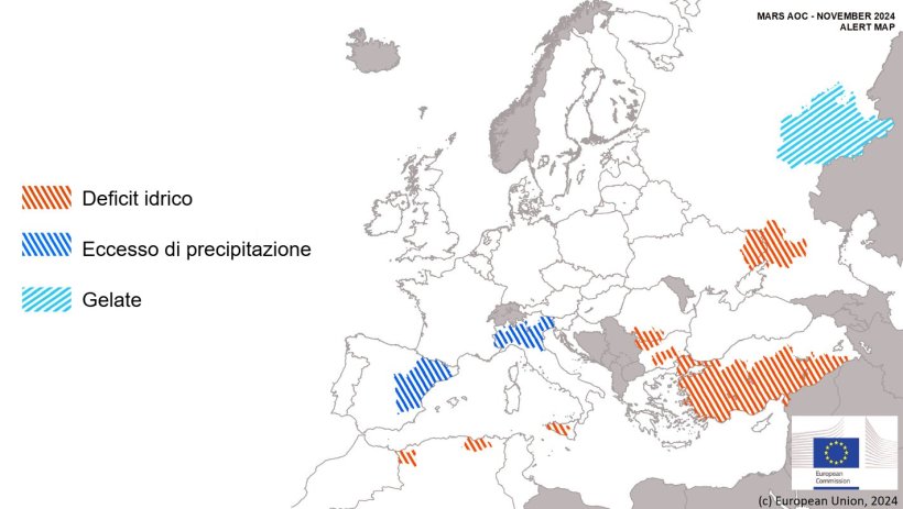 Mappa 1. Eventi climatici estremi in Europa dal 1 ottobre 2024 al 16 novembre 2024 (fonte: MARS Bulletin 25/11/2024).
