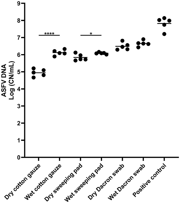 Figura 1. Rilevamento del DNA del virus della peste suina africana (ASFV) in campioni ambientali. Le superfici in acciaio inossidabile sono state inoculate con 100 &mu;L di sangue infetto da ASFV e tamponate utilizzando diversi tipi di dispositivi di campionamento. Il surnatante &egrave; stato sottoposto a PCR quantitativa per rilevare il DNA dell'ASFV. Sono stati utilizzati 100 microlitri di sangue per il controllo positivo. La quantit&agrave; di DNA dell'ASFV (numero di copie per mL) &egrave; stata trasformata in logaritmo per l'analisi statistica e la tendenza centrale &egrave; stata rappresentata dalla media dei valori trasformati in logaritmo. Le differenze statistiche tra ciascun dispositivo asciutto e bagnato sono state valutate tramite il test t di Student (valore p 