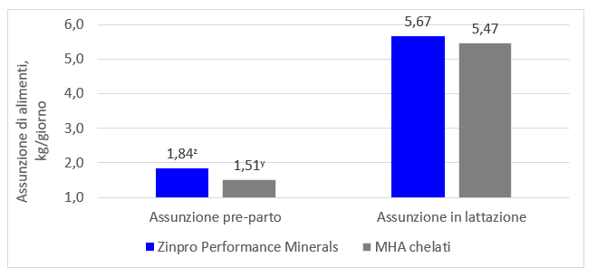 Figura 1 &ndash; Influenza di Zinpro Availa Sow e Zinpro Availa Se sull&rsquo;assunzione di alimenti in lattazione