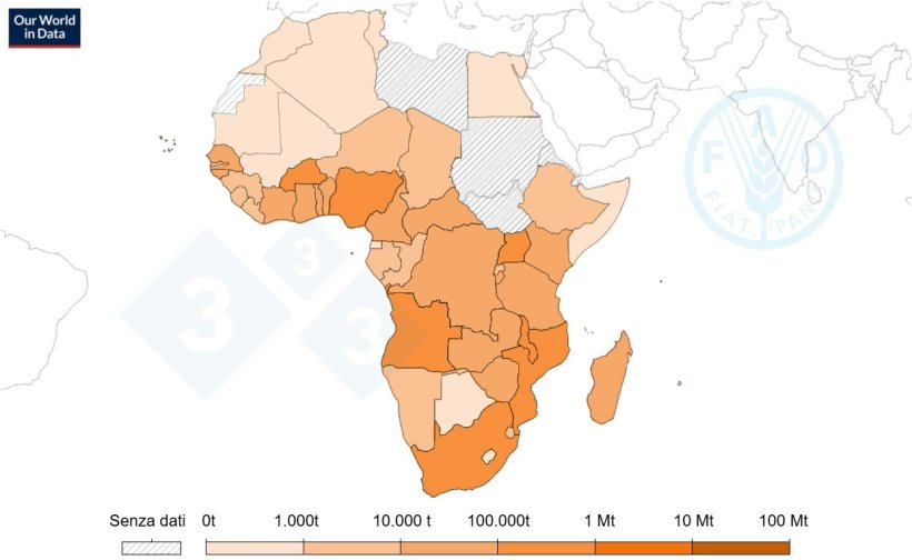 Produzione di carne suina in Africa, 2022. Fonte: Organizzazione delle Nazioni Unite per l'alimentazione e l'agricoltura (2023).