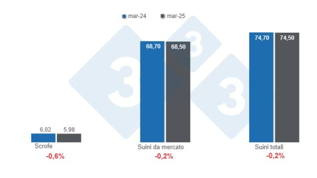 Grafico 1: Inventario dei suini negli Stati Uniti al 1° marzo 2025, cifre in milioni di capi, variazioni annuali. Preparato dal Dipartimento di Economia e Sostenibilità dell'America Latina 333 con dati USDA - NASS